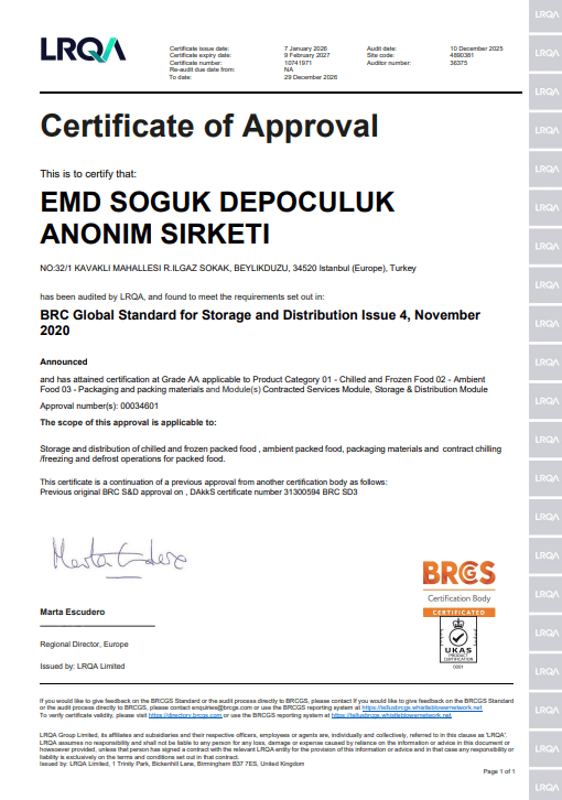 BRC Global Depolama ve Dağıtım Sertifikası